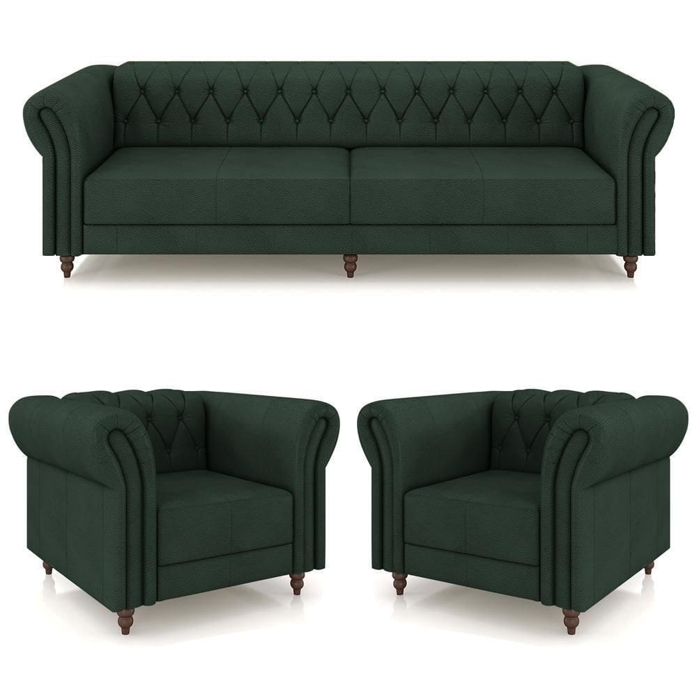 Conjunto 1 Sofá Living 240cm E 2 Poltronas Stanford Chesterfield Pés Madeira Couro Verde G58 Gran Belo