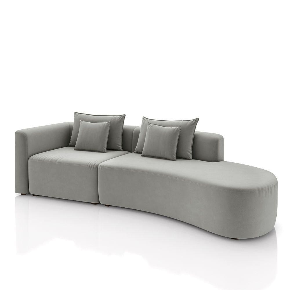 Sofá Curvo Decorativo Kimiko 287cm 2 Lugares Sala De Estar Com Chaise Veludo Cinza G52 - Gran Belo