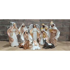 Presépio De Natal Dourado E Creme De Resina 22Cm 11 Peças