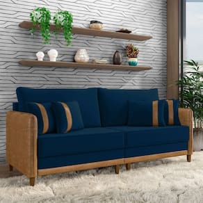 Sofá Living Montecarlo 3 Lugares Bipartido 252cm Pés Em Madeira Veludo-pu Azul-caramelo G33 Gran Belo