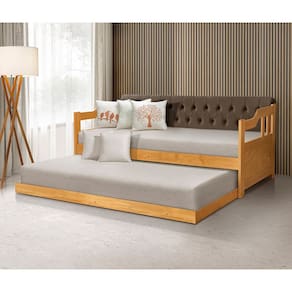 Bicama Dublin Estofado Capitonê Veludo Marrom Madeira com Cama Auxiliar 2 Colchões - Imbuia