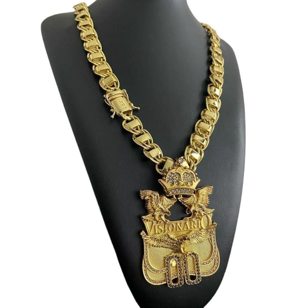 Cordão 15Mm Dubai Pingente Visionário 00 Banhado A Ouro 18K