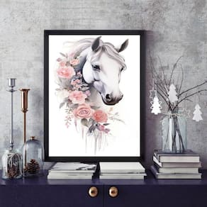 Quadro Cavalo Branco Com Flores 33X24Cm - Com Vidro