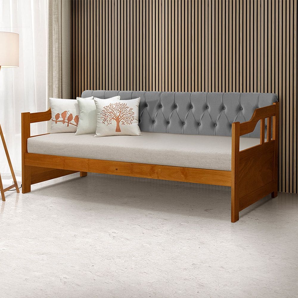 Sofá Cama Dublin Mona Estofado Capitonê Veludo Cinza Madeira - Castanho
