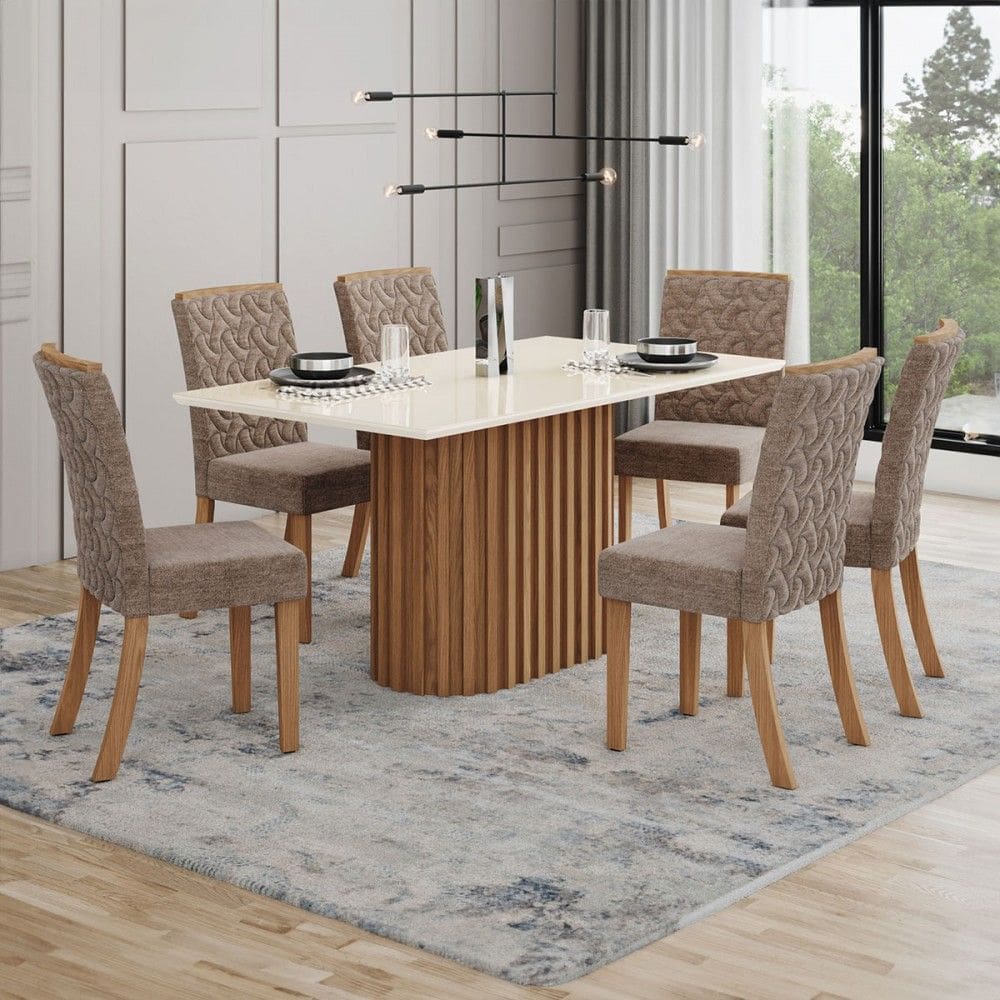 Conjunto Sala de Jantar Solana 160 Cm Canto Reto 6 Cadeiras Natural/Off White e Cacao