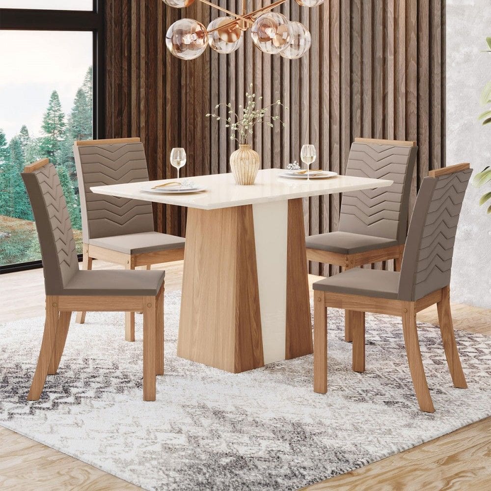 Conjunto Sala de Jantar Orus 120 Cm Canto Reto 4 Cadeiras Natural/Off White e Bege