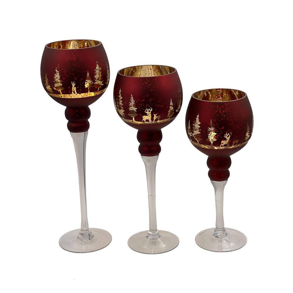 Jogo 3 Castiçais Para Natal Vidro Gold/Vermelho 30/35/40Cm