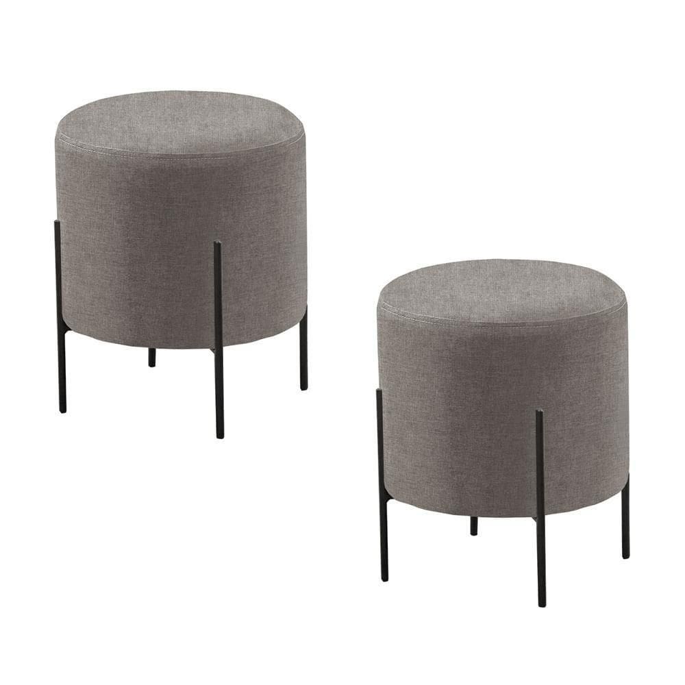 Conjunto - 2 Puffs Banqueta Odim Base Metálica Preta Luxo Linho Cinza