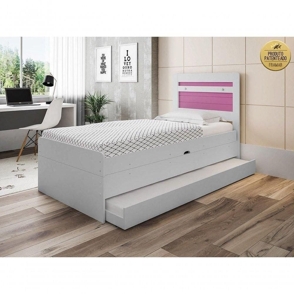 Cama Baú 0,88 Larissa Com Auxiliar Em Mdf Framar Branco Rosa