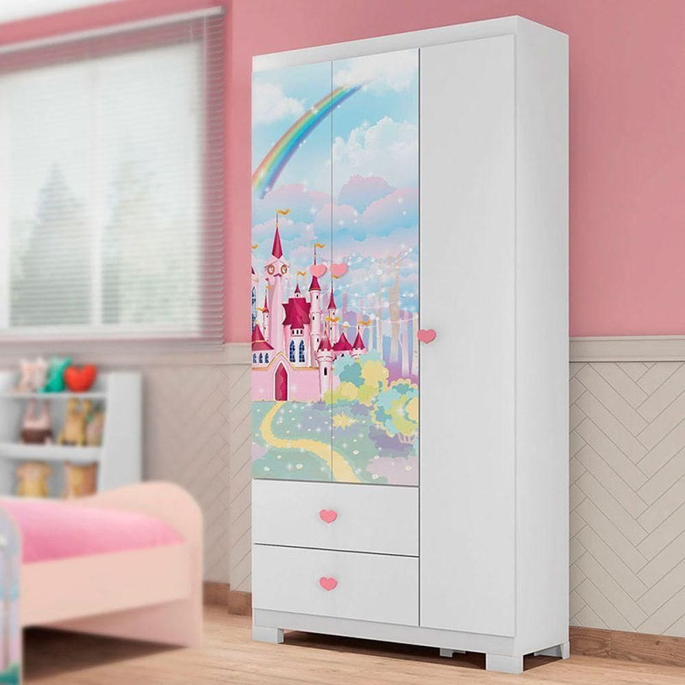 Guarda Roupa Infantil 3 Portas 2 Gavetas Floresta Encantada Branco - Móveis Estrela Baby
