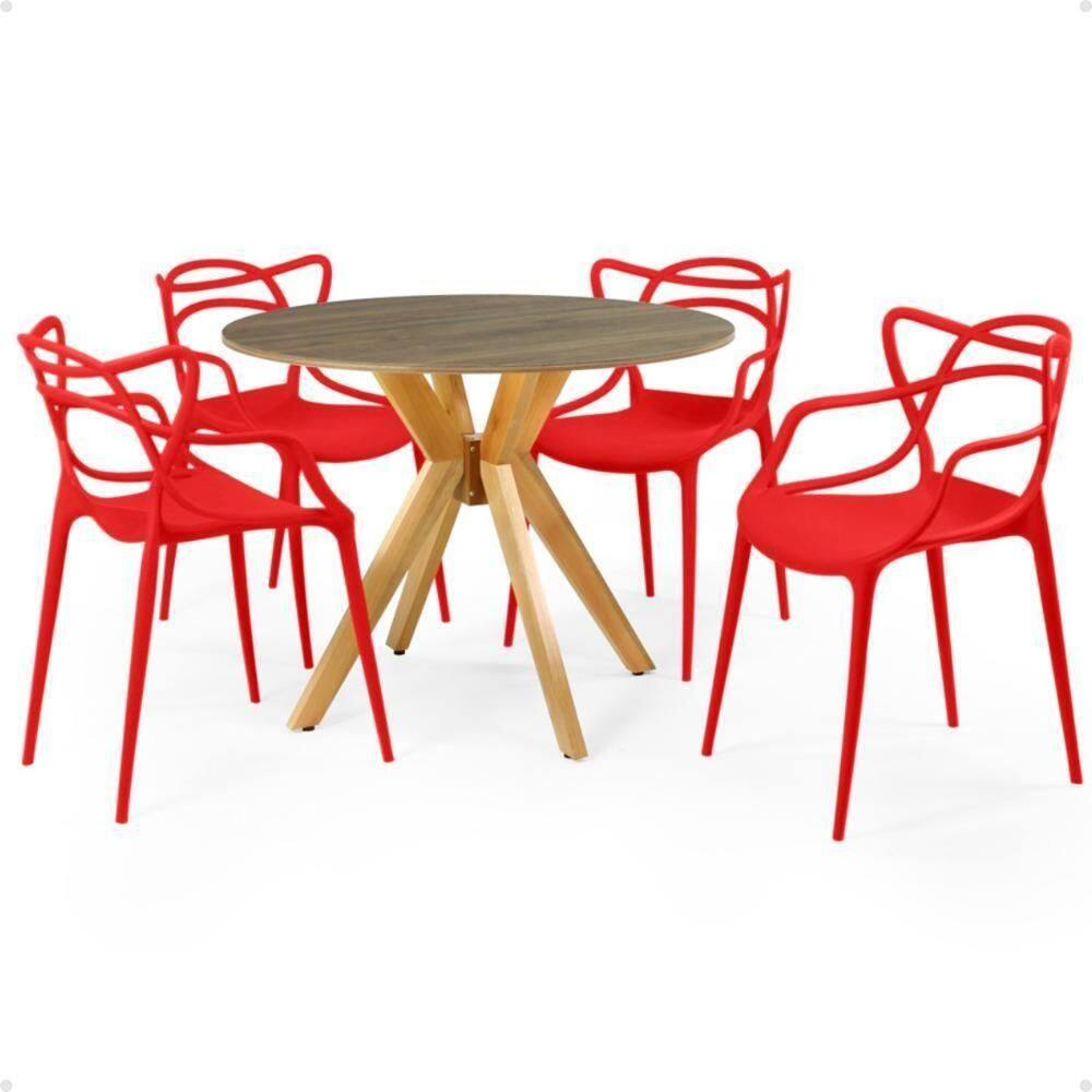 Mesa De Jantar Redonda Marci Natural 4 Cadeiras Vermelho
