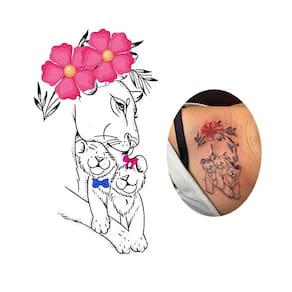 Tatuagem Temporária Leoa 2 Filhos Menino Menina Casal Modelo