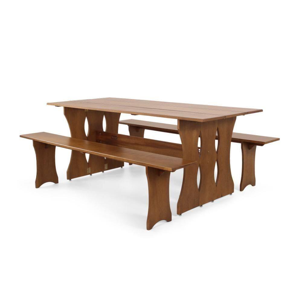 Mesa De Jantar Retangular Dobrável 200cm 2 Bancos Imbuia