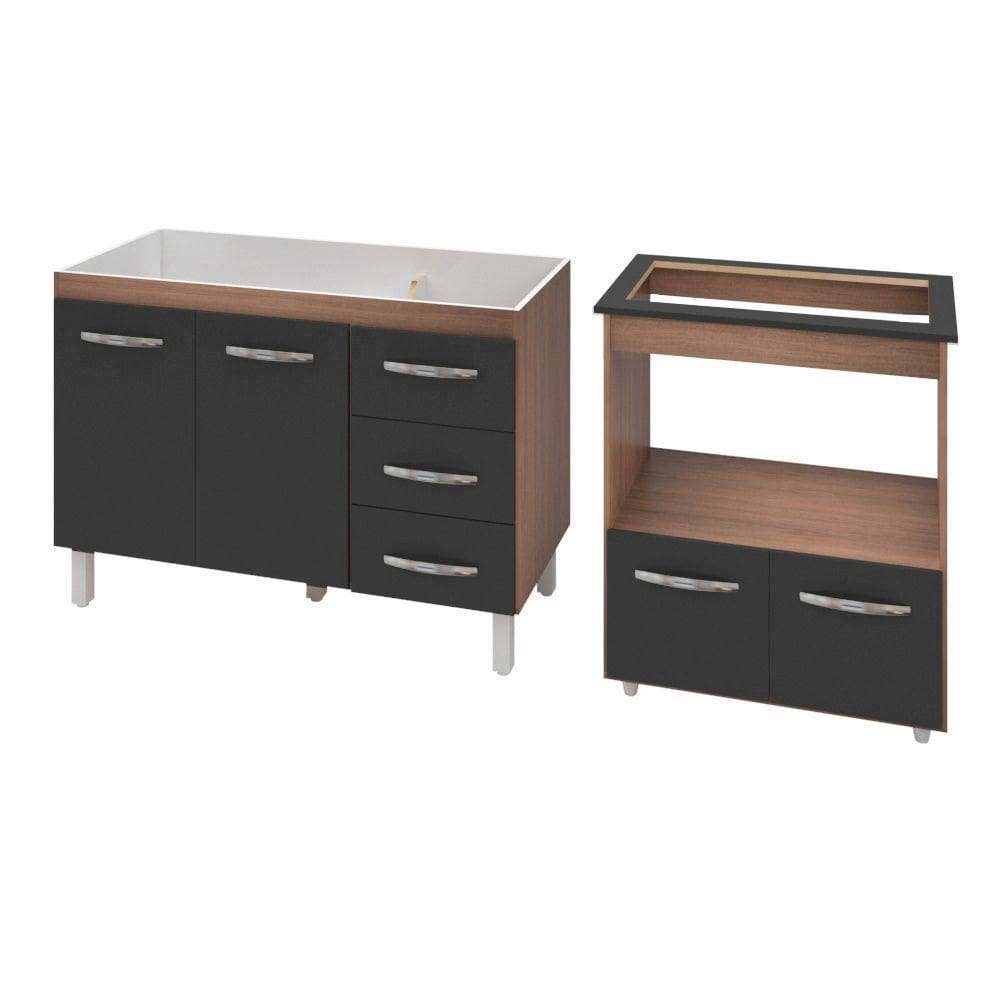 Armário Gabinete Pia De 120 Cm Bianca Com Balcão Cooktop 5 Bocas E Forno Elétrico Elisa Savana Frente Preta