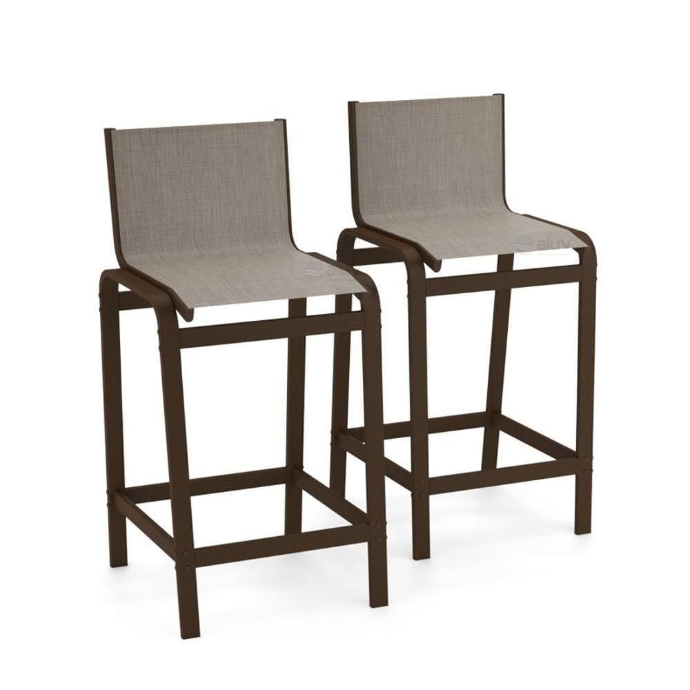 Kit 2 Banquetas Altas Bancada Alumínio Marrom Tela Mocca