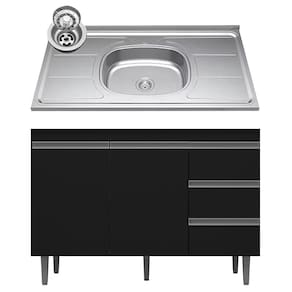 Balcão De Cozinha Com Pia Inox 100cm 3 Gavetas Andréia Preto