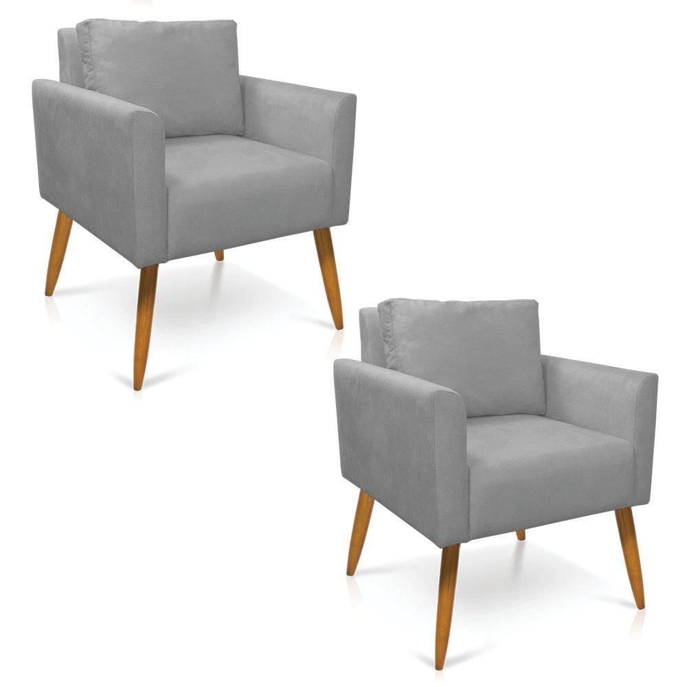 Kit 2 Poltronas Aline Suede Cinza Pés Palito Castanho - D`rossi