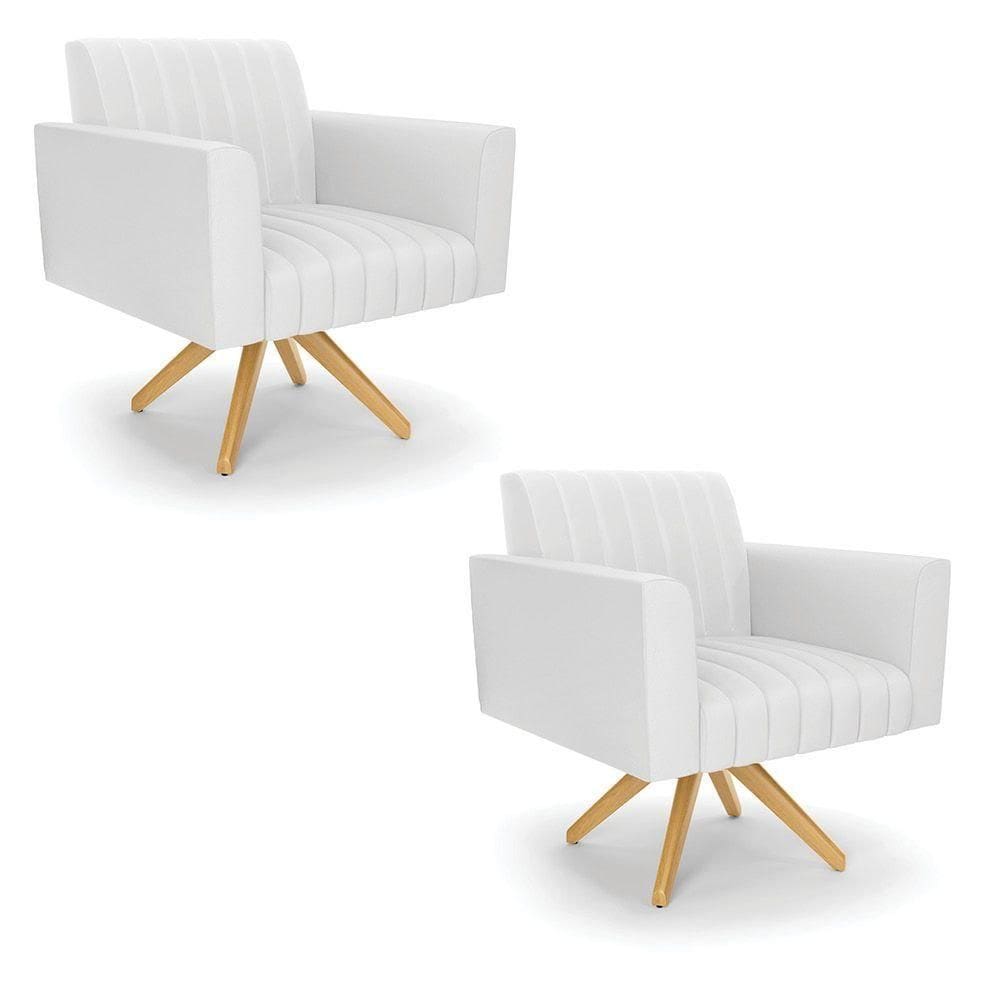 Kit 2 Poltronas Giratória Viena Gomada Corino Base De Madeira Ma30 - D`rossi Cor Branco
