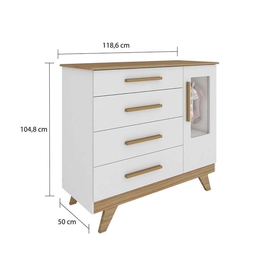 Quarto Infantil Retrô Berço Cama, Cômoda 4 Gavetas E Roupeiro 4 Portas Com Janela Branco/carvalho