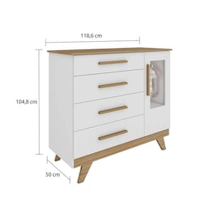Quarto Infantil Retrô Berço Cama, Cômoda 4 Gavetas E Roupeiro 4 Portas Com Janela Branco/carvalho