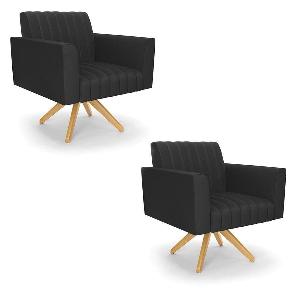 Kit 2 Poltronas Giratória Viena Gomada Corino Base De Madeira Ma30 - D`rossi Cor Preto