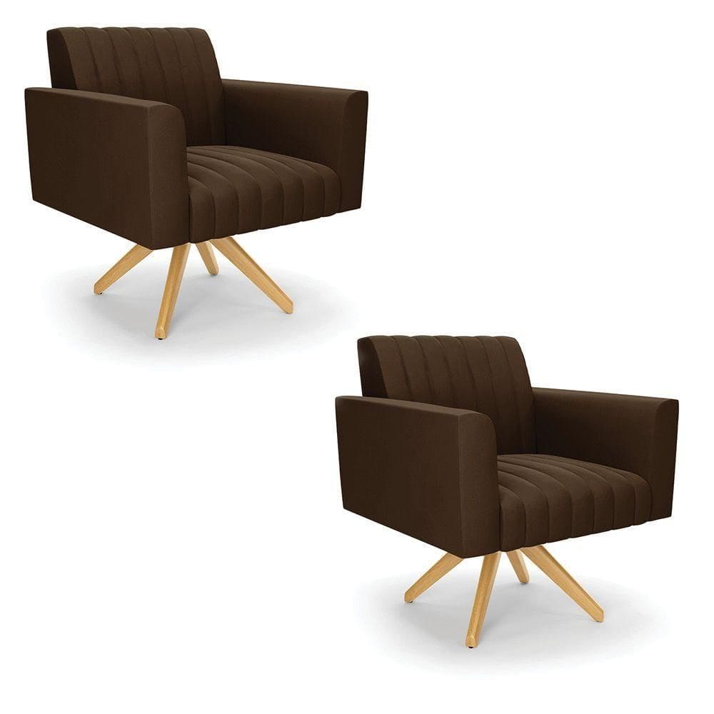 Kit 2 Poltronas Giratória Viena Gomada Suede Marrom Base De Madeira Ma30 - D`rossi