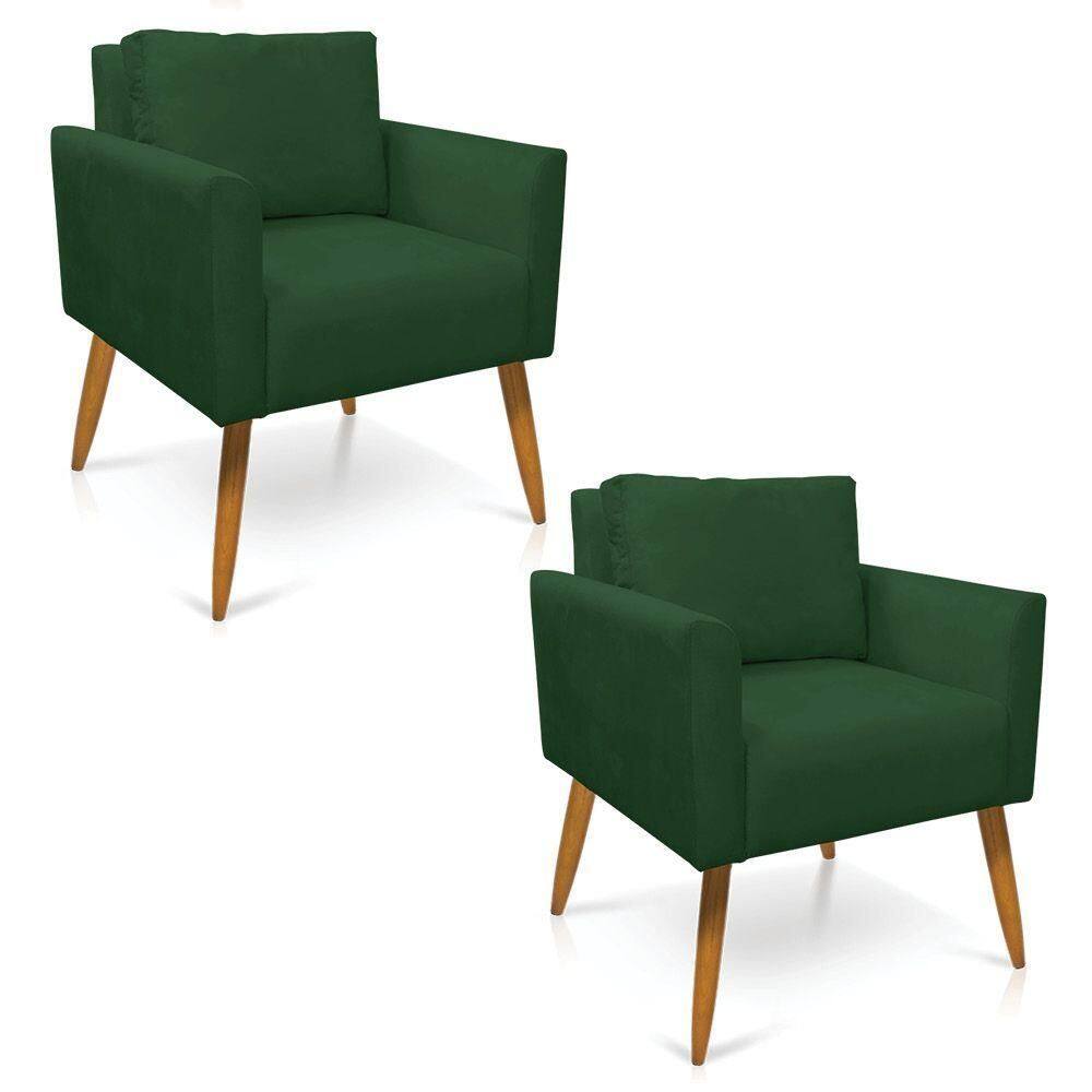 Kit 2 Poltronas Aline Veludo Verde Pés Palito Castanho - D`rossi