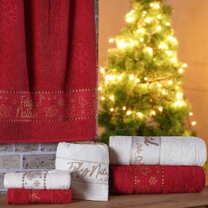 Kit 5 Toalha de Rosto Feliz Natal Bordada Jacquard 45x68cm