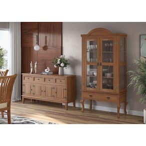 Conjunto Cristaleira Luis Xv Alta Com Balcão 4 P E 4 G De Madeira Maciça E Mdf Amêndoa