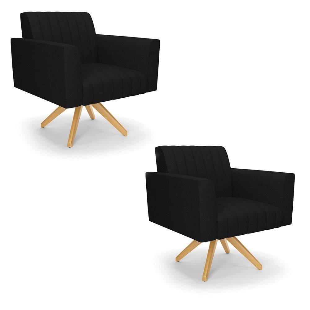 Kit 2 Poltronas Giratória Viena Gomada Linho Base De Madeira Ma30 - D`rossi Cor A79 Preto