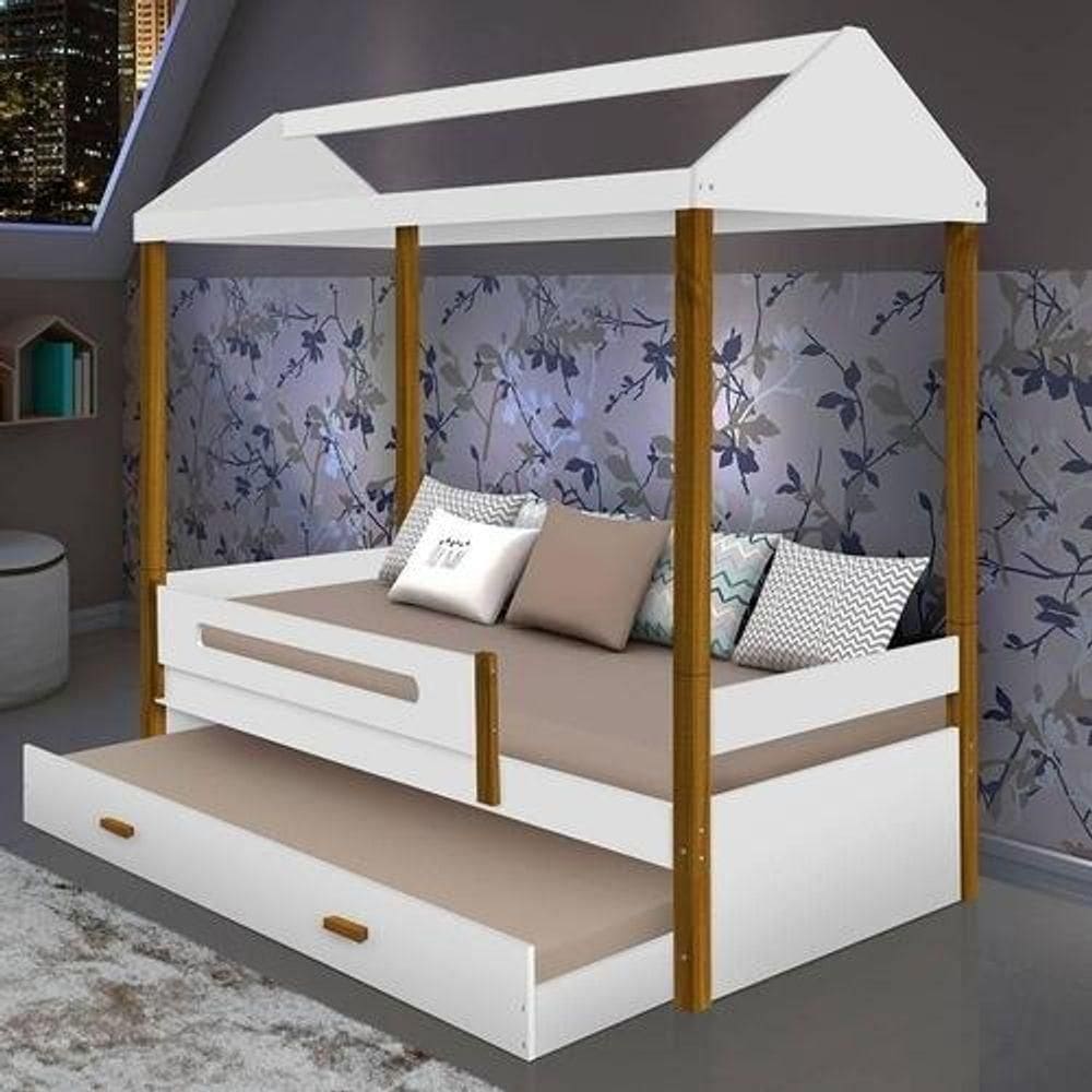 Cama Solteiro Sara Branco Mel Com Cama Auxiliar