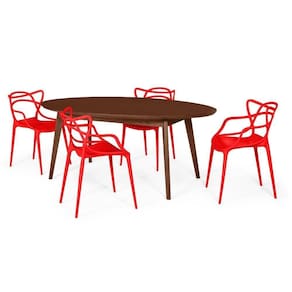 Mesa De Jantar Oval Vértice Nozes 4 Cadeiras Vermelho