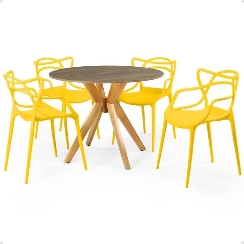 Mesa De Jantar Redonda Marci Natural 100cm 4 Cadeiras Amarelo