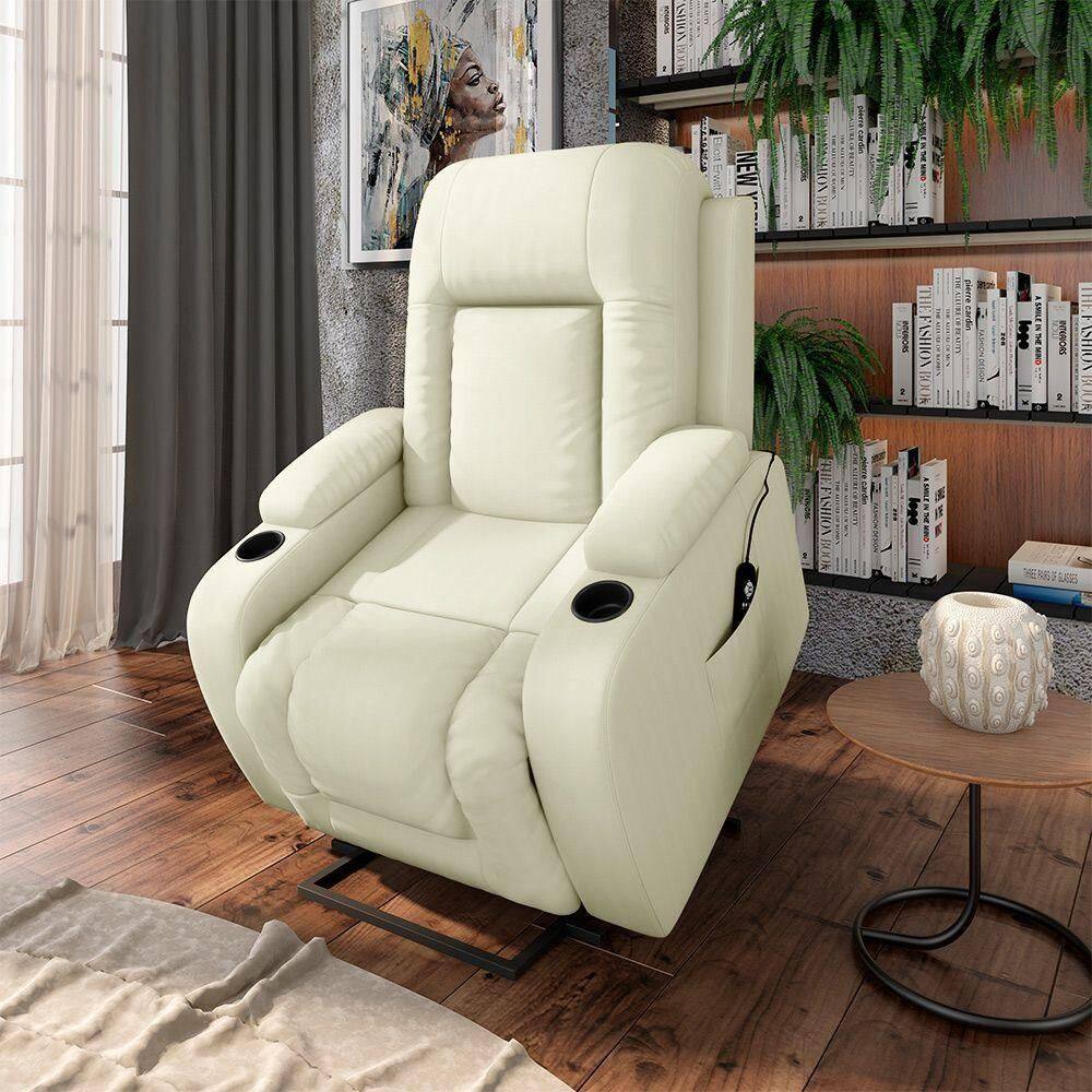 Poltrona Do Papai Reclinável Massagem E Aquecimento Com Elevação Lift 150° 2 Porta Copos, Bege