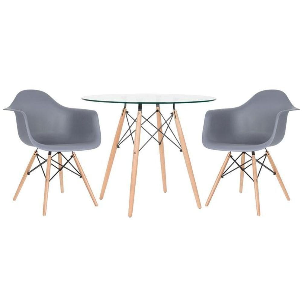 Mesa Redonda Tampo De Vidro 90 Cm + 2 Cadeiras Cinza Escuro