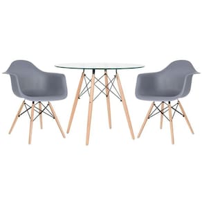 Mesa Redonda Tampo De Vidro 90 Cm + 2 Cadeiras Cinza Escuro