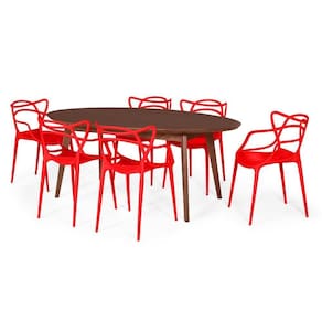 Mesa De Jantar Oval Vértice Nozes 6 Cadeiras Vermelho