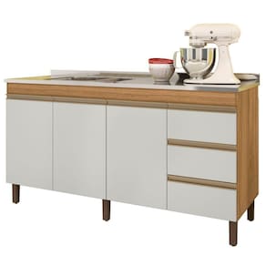 Balcão Gabinete Com Pia 160cm 3 Portas Karen P14 Nature-off White - Mpozenato