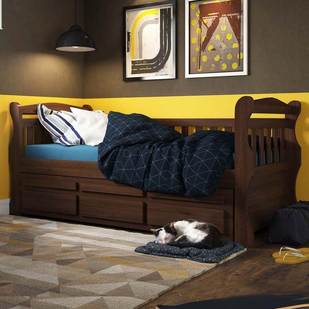 Bicama Mk Solteiro Castanho Escuro 3 Gavetas Madeira Pinus