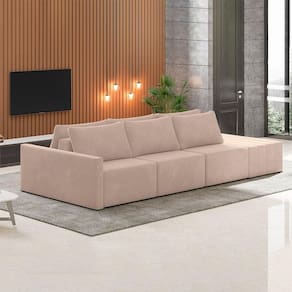Sofá Ilha Modulado Milos 342cm Puff Lateral Veludo Rosê G33 - Gran Belo