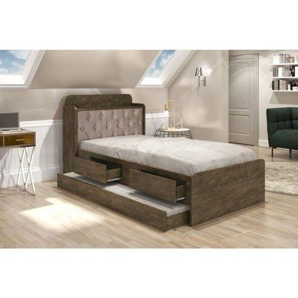 Cama Tamires Solteiro 0.88cm Com Auxiliar Castanho Com Capitonê Bege Dois Colchões- Cambel