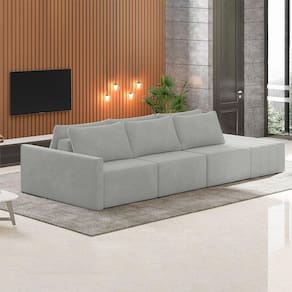 Sofá Ilha Modulado Milos 342cm Puff Lateral Veludo Cinza G33 - Gran Belo
