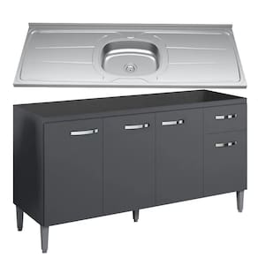 Balcão Gabinete Com Pia Inox 150cm 4 Portas E 1 Gaveta Gabriela Cinza - Ajl Móveis