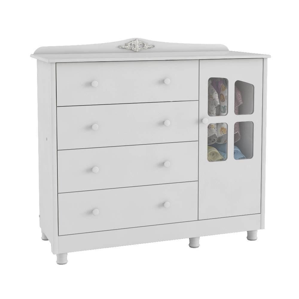 Cômoda De Bebê 1 Porta Com Janela E 4 Gavetas Elô New Móveis Peroba Branco Brilho Branco Brilho