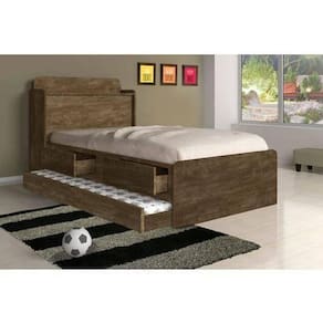 Cama Solteiro Tamires Baú Castanho Com Auxiliar