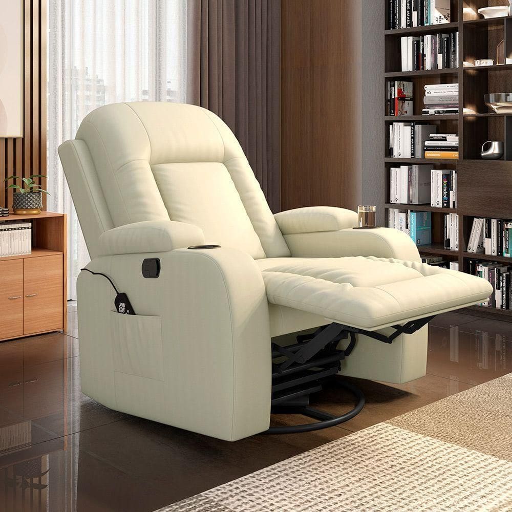 Poltrona Do Papai Reclinável Massagem E Aquecimento Giratório Balanço Pu Bege G31 - Gran Belo