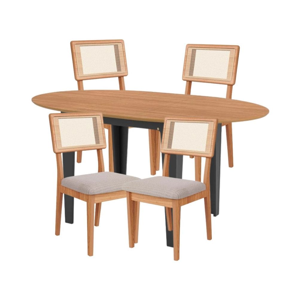 Conjunto Mesa Oval Extensível com 4 Cadeiras MDF Estofadas Bege Dalla Costa