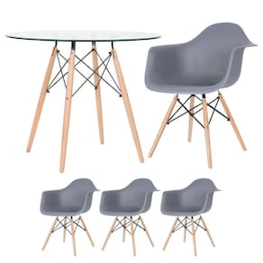 Mesa Redonda Tampo De Vidro 90 Cm + 3 Cadeiras Cinza Escuro