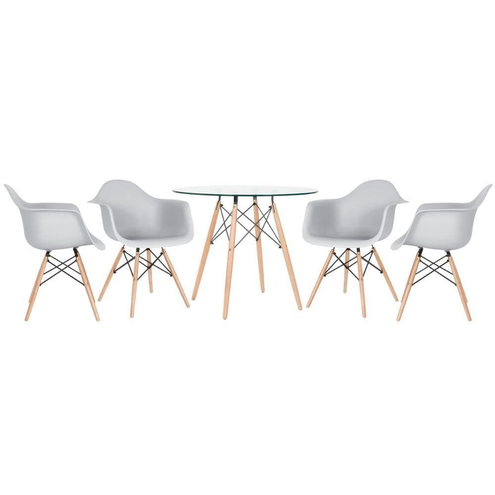 Mesa Redonda Tampo De Vidro 90 Cm + 4 Cadeiras Cinza-claro