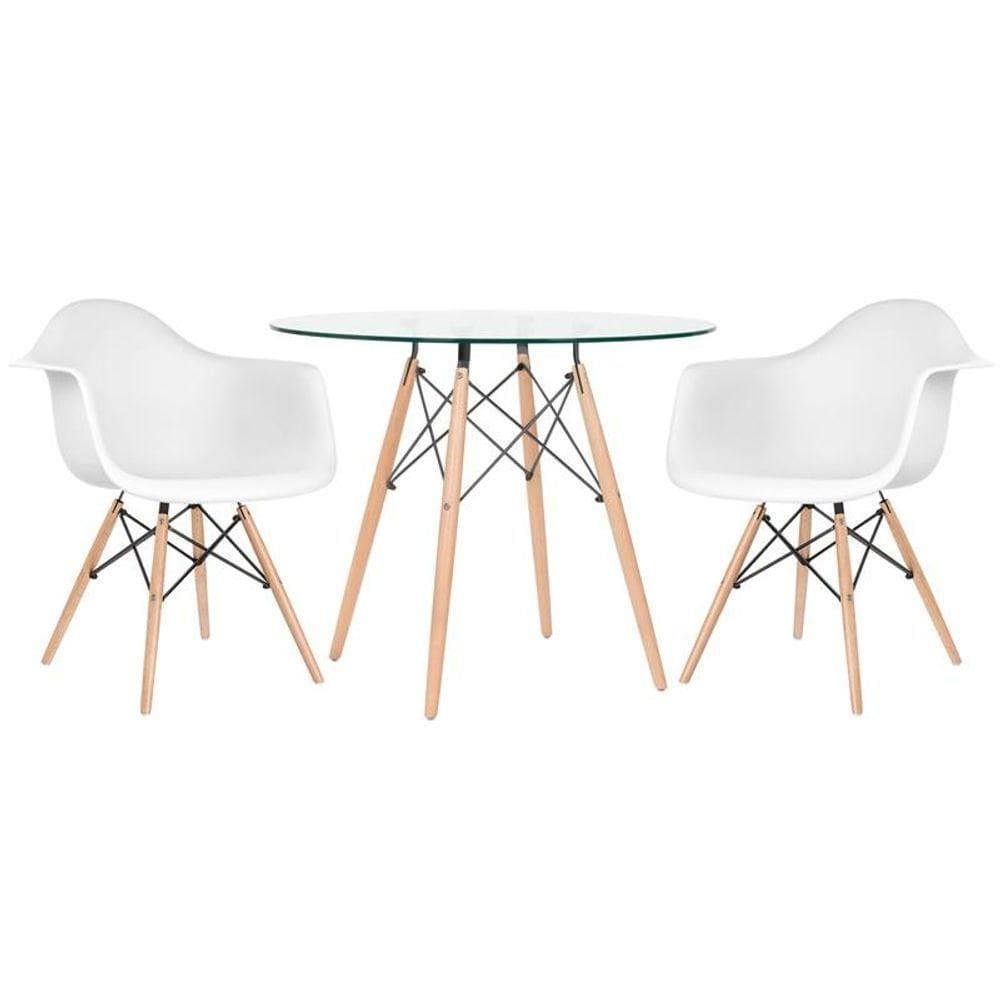Mesa Redonda Tampo De Vidro 90 Cm + 2 Cadeiras Branco